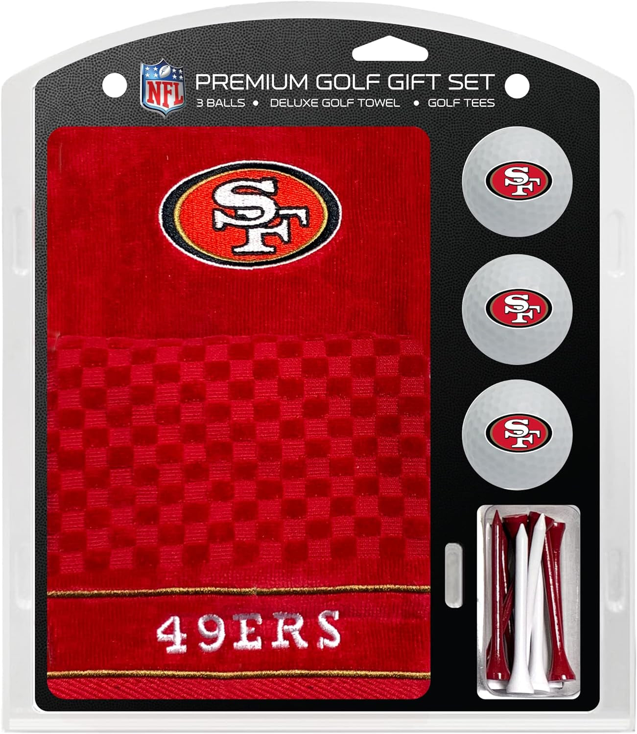 NFL San Francisco 49Ers Gift Set: Embroidered Golf Towel, 3 Golf Balls, and 14 Golf Tees 2-3/4" Regulation, Tri-Fold Towel 16" X 22" & 100% Cotton