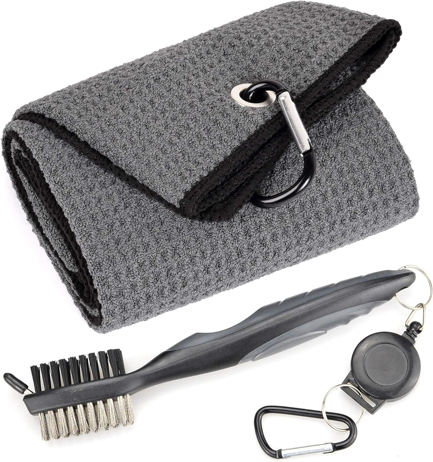 Golf Towels - Microfiber Waffle Pattern Tri-Fold, Brush Tool Kit with Club Groove Cleaner with Retractable Cord and Clip, for Men Women, Golf Gift